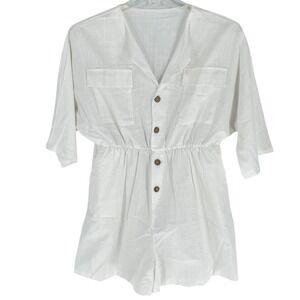 White V Neck Button Front Elastic‎ Waist Short Sleeve Romper Jumpsuit Women's XL